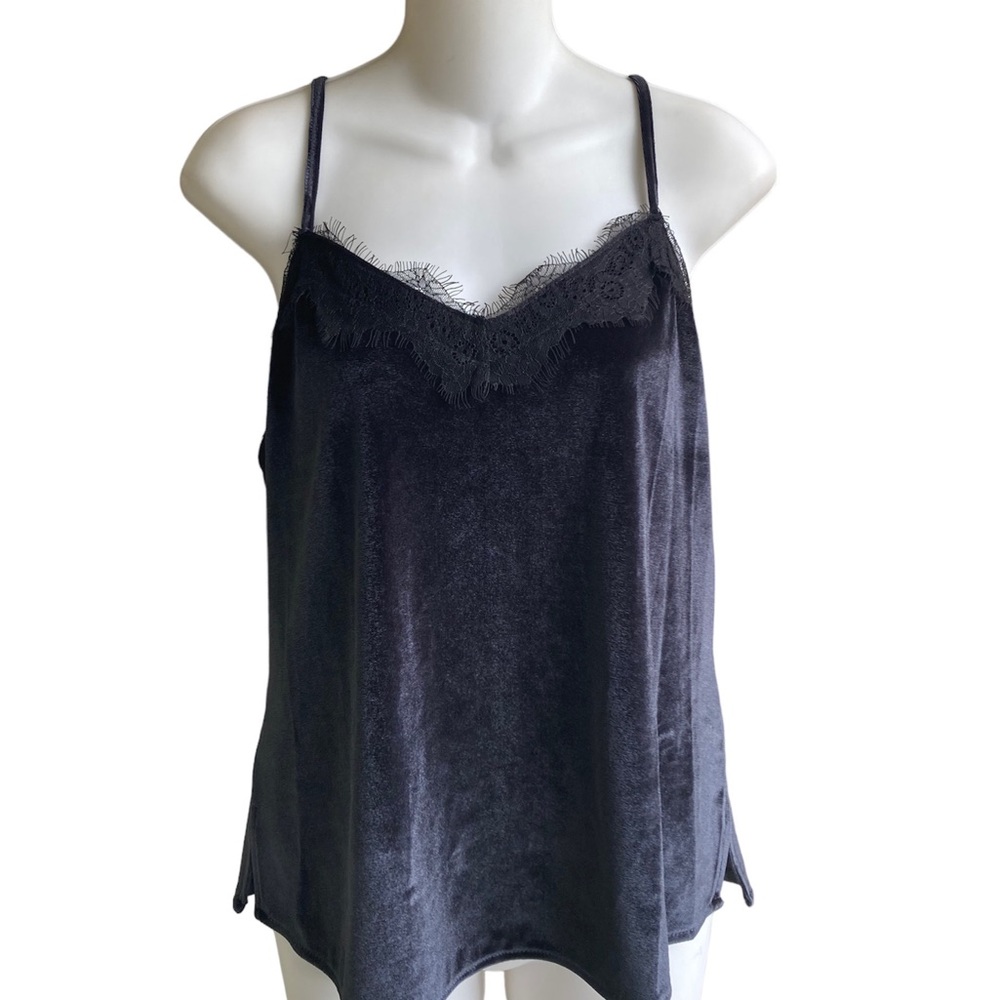 NWT Nine West Ladies Velvet Tank Top Eyelet Lace Trim Mineral Black Size Small